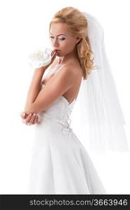 elegant blonde bride with splendid wedding dress, floral decoration on hand isolated on white background