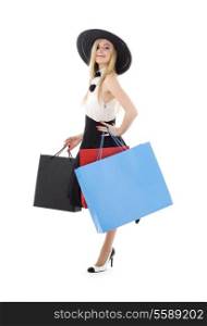 elegant blonde in retro hat with shopping bags