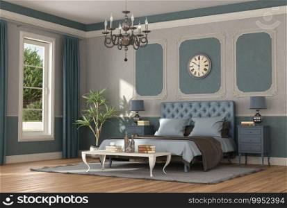Elegant blue and gray master bedroom in classic style - 3d rendering. Elegant blue and gray master bedroom