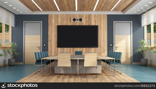 Elegant boardroom with large meeting table,two doors and flat screen on background - 3d rendering. Elegant boardroom with large meeting table