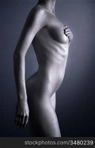 elegant body-art. Nude woman with silver make-up.