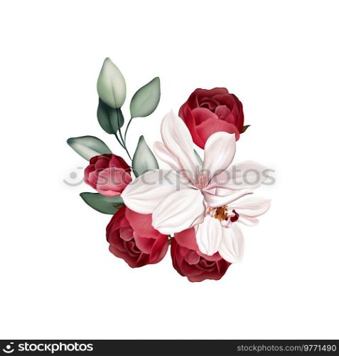  Elegant bouquet with peonies, roses and eucalyptus leaves. Illustration.  Elegant bouquet with peonies, roses and eucalyptus leaves.