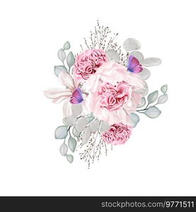  Elegant bouquet with peonies, roses and eucalyptus leaves. Illustration.  Elegant bouquet with peonies, roses and eucalyptus leaves.