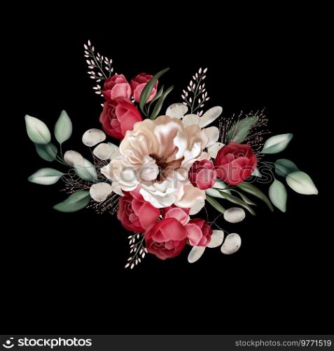  Elegant bouquet with peonies, roses and eucalyptus leaves. Illustration.  Elegant bouquet with peonies, roses and eucalyptus leaves. 