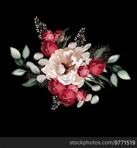  Elegant bouquet with peonies, roses and eucalyptus leaves. Illustration.  Elegant bouquet with peonies, roses and eucalyptus leaves. 