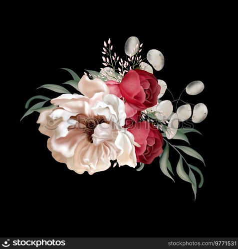  Elegant bouquet with peonies, roses and eucalyptus leaves. Illustration.  Elegant bouquet with peonies, roses and eucalyptus leaves.