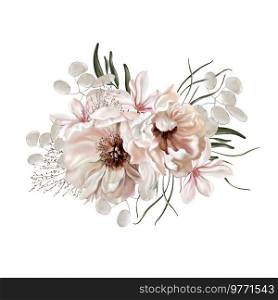  Elegant bouquet with peonies, roses and eucalyptus leaves. Illustration.  Elegant bouquet with peonies, roses and eucalyptus leaves.