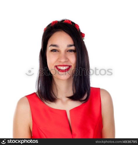 Elegant brunette girl with a red flower crown isolated on a white background