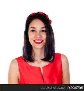 Elegant brunette girl with a red flower crown isolated on a white background