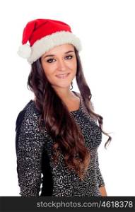 Elegant brunette girl with Christmas hat isolated on a white background