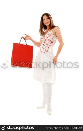 elegant brunette with shopping bags over white