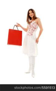 elegant brunette with shopping bags over white