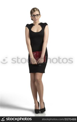 elegant business woman posing with organizer in the hands, glasses and sexy black dress