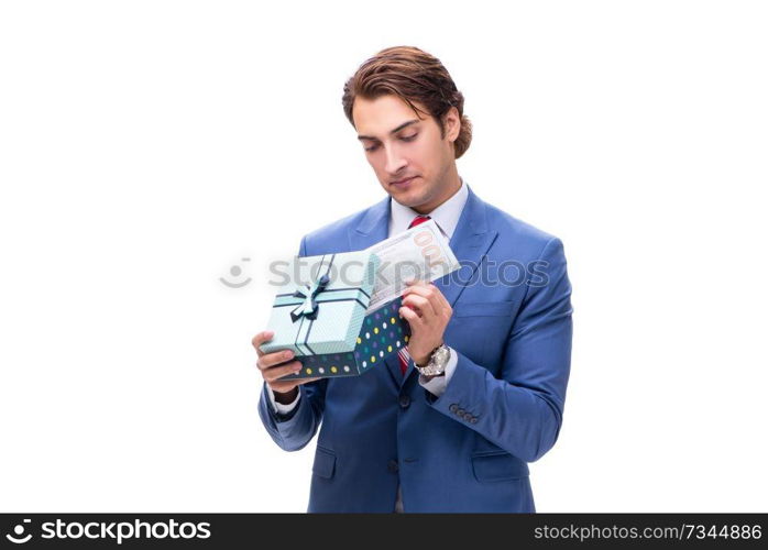 Elegant businessman with giftbox isolated on white 