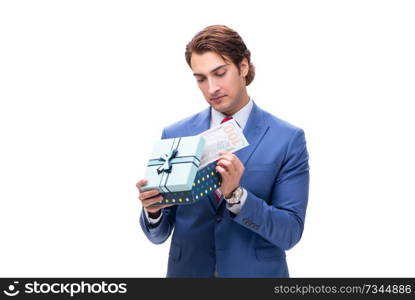 Elegant businessman with giftbox isolated on white 