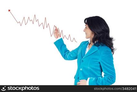 Elegant businesswoman pointing the graphic on a over a white background