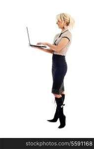elegant businesswoman with laptop computer over white