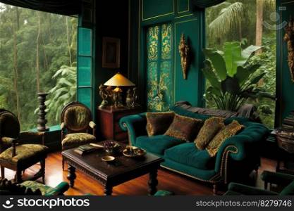 Elegant design of living room interior with window overlooking rainforest view. distinct generative AI image.. Elegant design of living room interior with window overlooking rainforest view