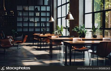 Elegant empty coworking environment with spacious seating, wooden decor, modern space. Created with generative AI tools. Elegant empty coworking environment. Created by AI tools