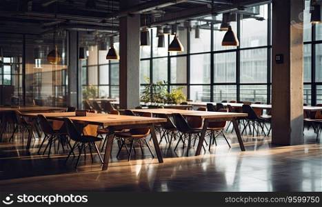 Elegant empty coworking environment with spacious seating, wooden decor, modern space. Created with generative AI tools. Elegant empty coworking environment. Created by AI tools
