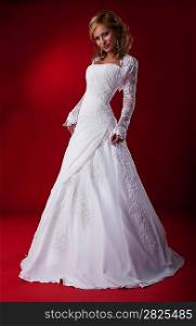 Elegant fashion model fiancee blond girl in bridal dress - series of photos