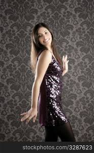 elegant fashion woman night purple sequins dress wallpaper brunette
