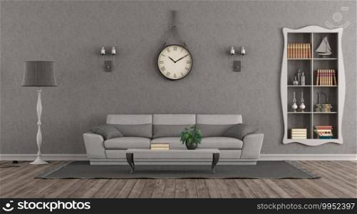 Elegant gary living room with sofa and niche with books - 3d rendering. Elegant gary living room