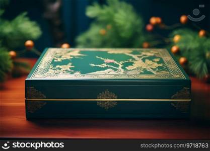 Elegant Gift Box with Gold Ribbon and Floral Designs Ai generated