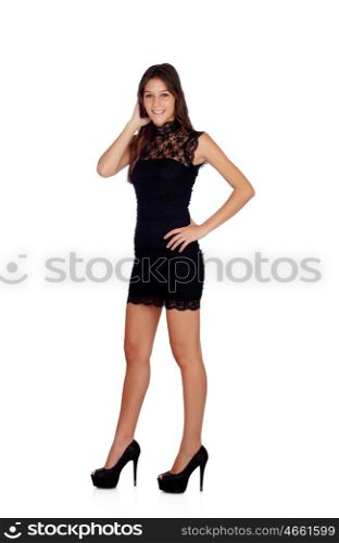 Elegant girl with a black dress isolated on a white background