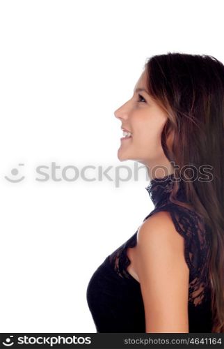 Elegant girl with a black dress looking at side isolated on a white background
