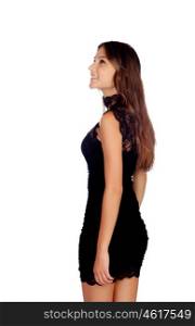 Elegant girl with a short black dress isolated on a white background