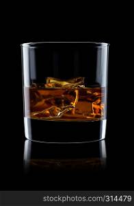 Elegant glass of whiskey with ice cubes on black background with reflection