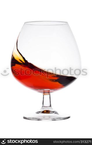 Elegant glass with brandy cognac alcohol drink isolated on white background