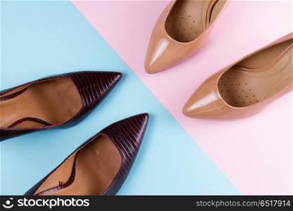 Elegant high heel shoes. Elegant high heel shoes, top view scene