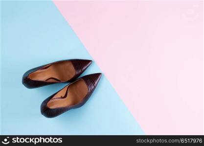 Elegant high heel shoes. Pair of elegant high heel brown shoes, flat lay style scene with copy space