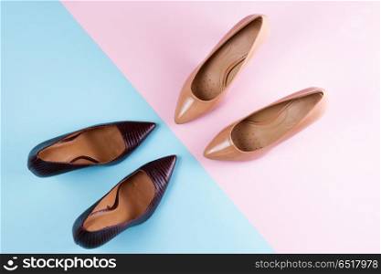 Elegant high heel shoes. Two pairs of Elegant high heel shoes, top view scene