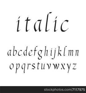 Elegant italic font vector illustration. Set of unique decorative black lowercase alphabet letters on white background. Latin alphabet in design symbols. Elegant italic font vector illustration.