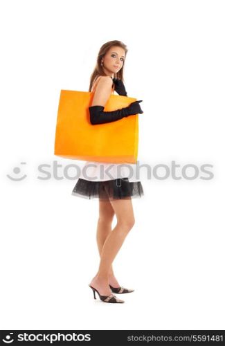 elegant lady with orange shopping bag over white