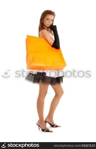 elegant lady with orange shopping bag over white