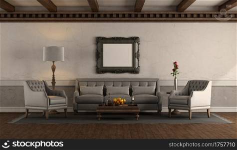 Elegant living room in retro style with classic armchairs and sofa against old wall - 3d rendering. Elegant living room in retro style
