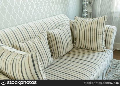 elegant living room interior with striped pattern pillows on sofa