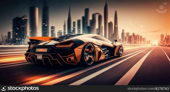Elegant luxury super sports car future design driving on modern city highway