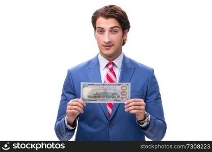Elegant man with banknote isolated on white . Elegant man with banknote isolated on white