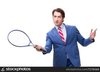 Elegant man with tennis racket isolated on white 