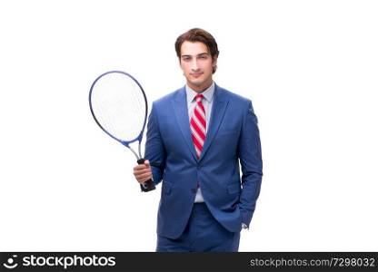 Elegant man with tennis racket isolated on white 