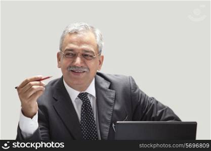 Elegant mature businessman smiling with laptop
