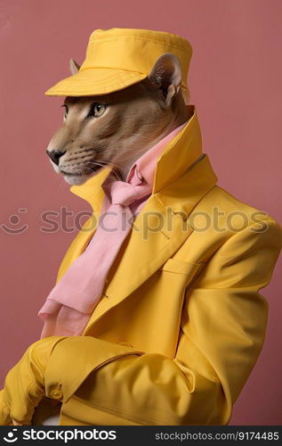 Elegant panter wearing colorful clothes on a pink background. Generative AI