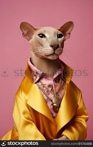 Elegant panter wearing colorful clothes on a pink background. Generative AI