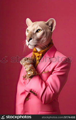 Elegant panter wearing colorful clothes on a pink background. Generative AI