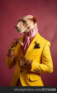 Elegant panter wearing colorful clothes on a pink background. Generative AI